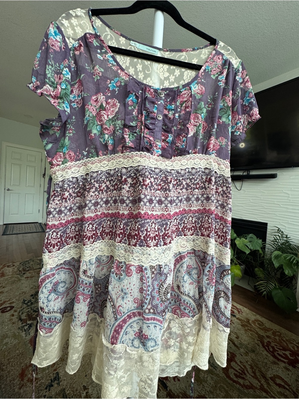 Maurices Purple Floral Paisley Lace-Trim Tunic Top